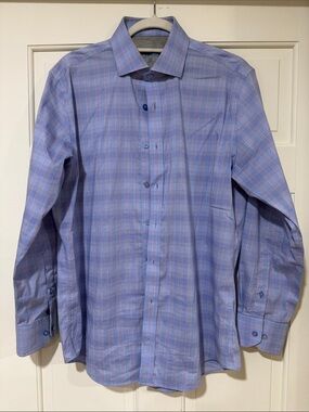 Twillory Performance Dress Shirt 16 32/33 Tailored Fit Blue Plaid Check